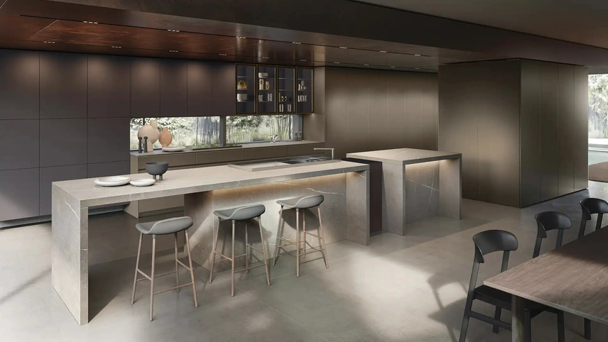 Cucina Design con isola Rho Portrait 34 in laminato e laccato lucido di Armony