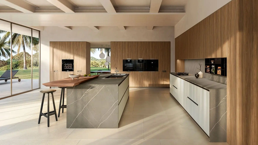 Cucina Design con isola Rho + Riga Portrait 08 in laccato e laminato Noce di Armony