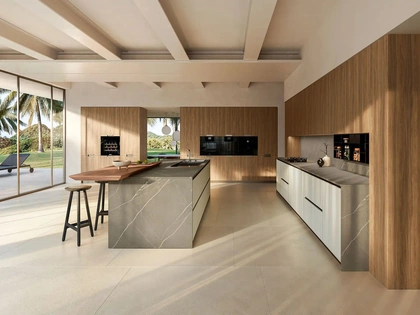 Cucina Design con isola Rho + Riga Portrait 08 in laccato e laminato Noce di Armony