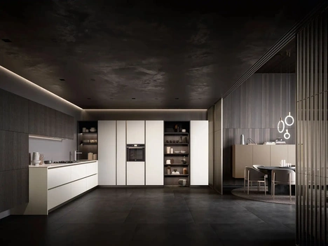 Cucina Design angolare Riga + Yota Portrait 32 in laccato e Rovere di Armony