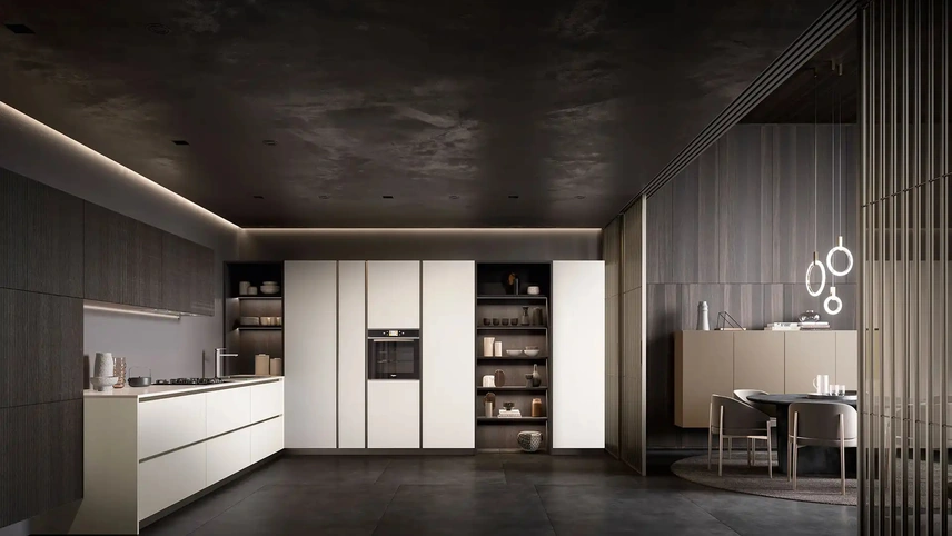 Cucina Design angolare Riga + Yota Portrait 32 in laccato e Rovere di Armony