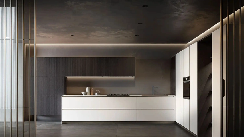 Cucina Design angolare Riga + Yota Portrait 32 in laccato e Rovere di Armony