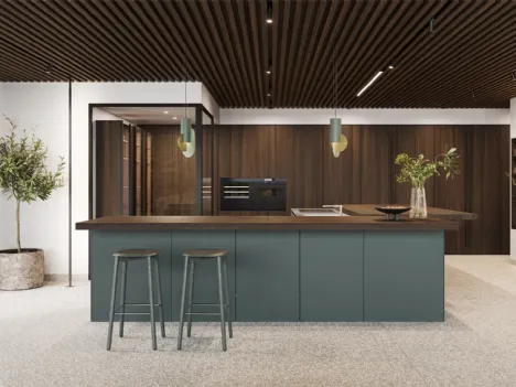 Cucina Design con isola in legno di eucalipto e laminato Fenix Sistemi 3|1|F22 di Copat Life