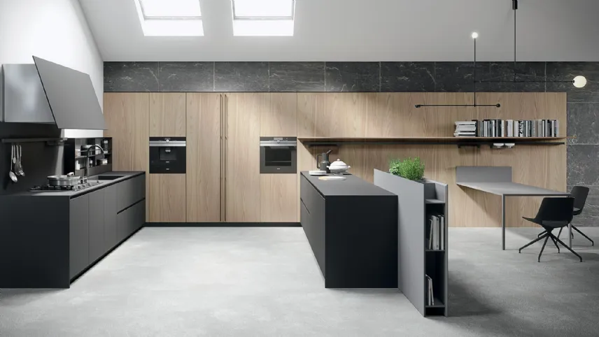 Cucina Design angolare in fenix nero con blocco colonne in finitura olmo Sistemi 3|1|M di Copat Life