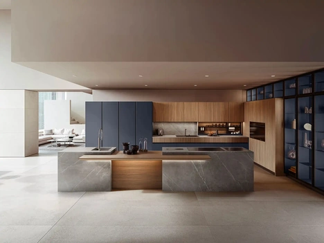 Cucina Design con isola Skyline + Yota + Riga Portrait 27 in laccato e Noce di Armony
