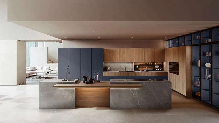 Cucina Design con isola Skyline + Yota + Riga Portrait 27 in laccato e Noce di Armony