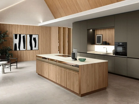 Cucina Design con isola System + Yota Portrait 01 in laccato e laminato di Armony
