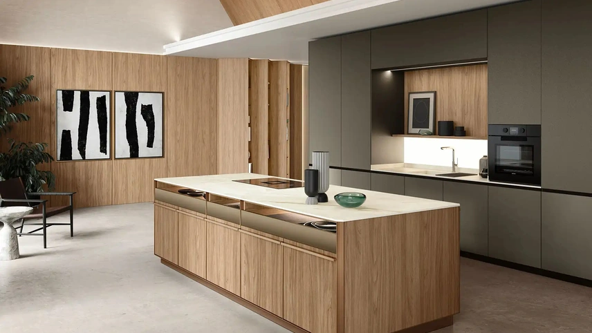 Cucina Design con isola System + Yota Portrait 01 in laccato e laminato di Armony
