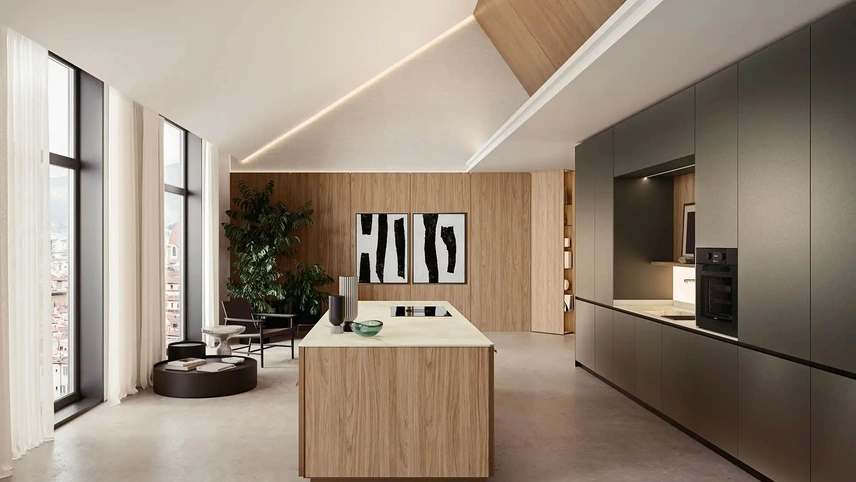 Cucina Design con isola System + Yota Portrait 01 in laccato e laminato di Armony