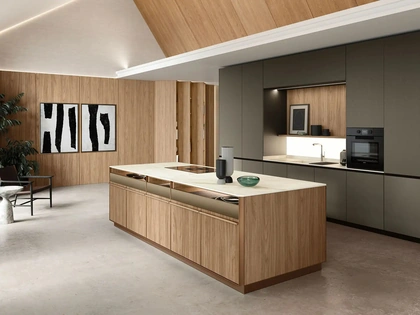 Cucina Design con isola System + Yota Portrait 01 in laccato e laminato di Armony