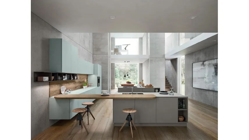 Cucina Design con isola e penisola XXL 03 Vitrum in laccato opaco Londra e vetro di Astra