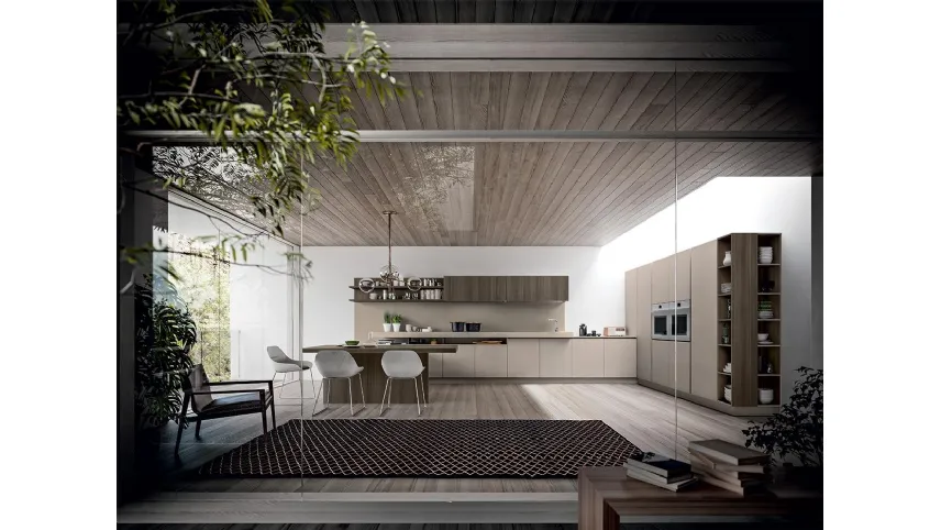 Cucina Design lineare XXL 05 in laccato opaco Creta e Laminato termostrutturato Eucalypto di Astra