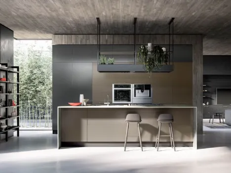 Cucina Design con isola Yota composizione 04 finitura Peltro e Ardesia di Armony