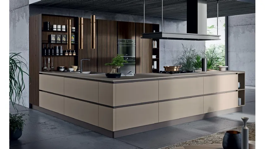 Cucina Moderna con penisola Zen 01 in laminato finitura Terranova e Rovere Indy di Astra