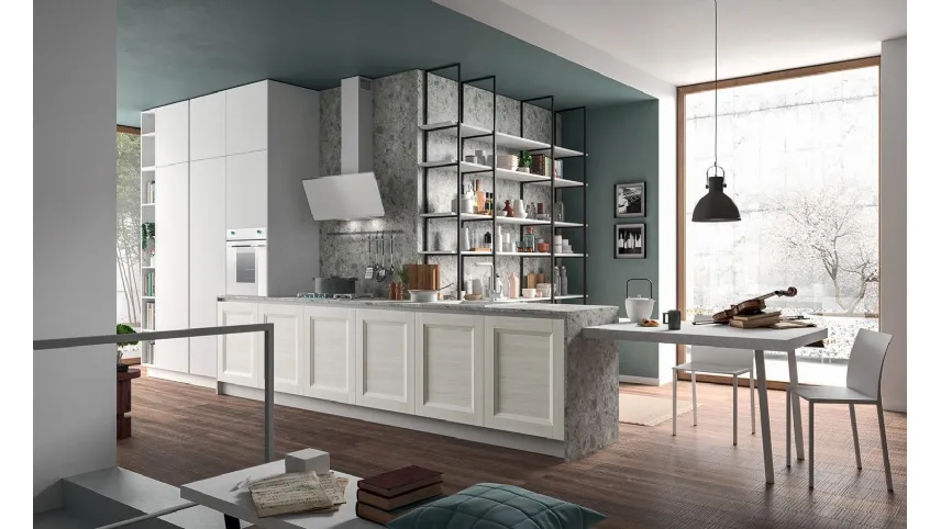 Cucina Moderna lineare Ego 01 in laminato Abete Bianco e Resina Bianca di Astra