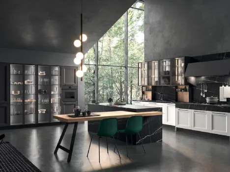 Cucina Moderna lineare Ego 02 in laminato Bianco e laccato Efeso con top effetto marmo di Astra
