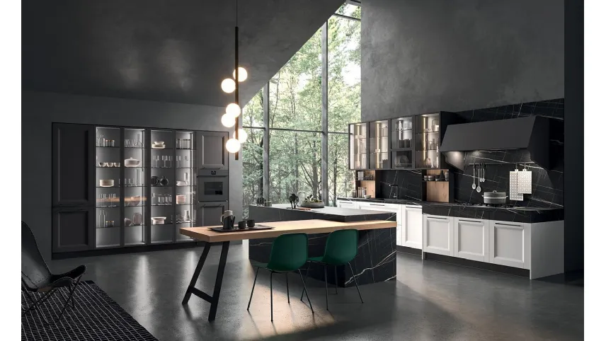 Cucina Moderna lineare Ego 02 in laminato Bianco e laccato Efeso con top effetto marmo di Astra