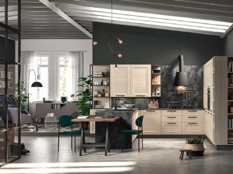 Cucina Moderna angolare con penisola Ego 04 in laminato finitura Frassino Naturale e effetto Marmo di Astra