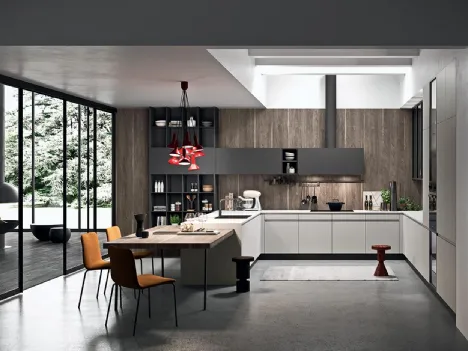 Cucina Moderna angolare con penisola Line 03 in laccato opaco Efeso e Metal Grey di Astra