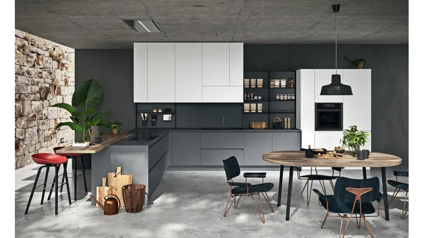 Cucina Moderna angolare con penisola Line 04 in laccato opaco Bianco e Bromo di Astra