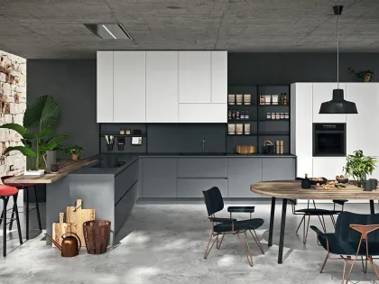 Cucina Moderna angolare con penisola Line 04 in laccato opaco Bianco e Bromo di Astra