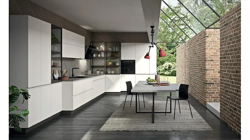 Cucina Moderna ad angolo Line 05 in laccato opaco Bianco con top in laminato effetto Marmo di Astra