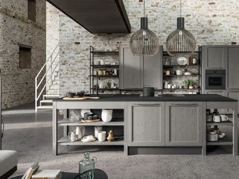 Cucina Moderna lineare Old Line 05 in Frassino laccato decapè Fumo con top in ceramica di Astra