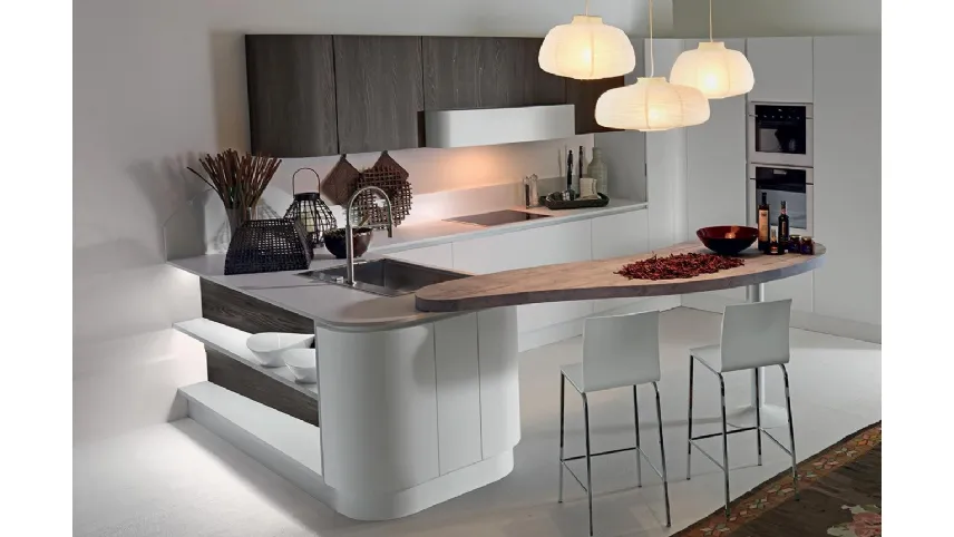 Cucina Moderna angolare con penisola SP22 02 in laccato opaco Bianco e finitura effetto legno di Astra