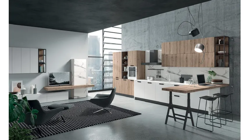 Cucina Moderna con penisola Zen 02 in laminato finitura Bianco assoluto e Rovere chiaro di Astra