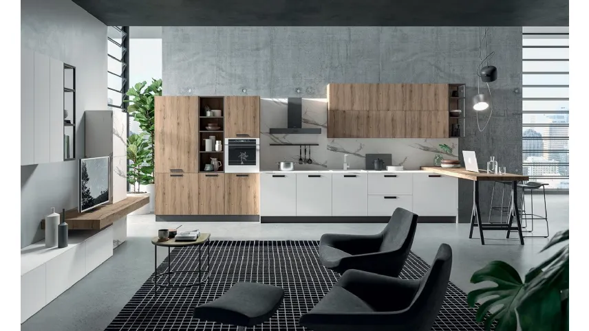 Cucina Moderna con penisola Zen 02 in laminato finitura Bianco assoluto e Rovere chiaro di Astra