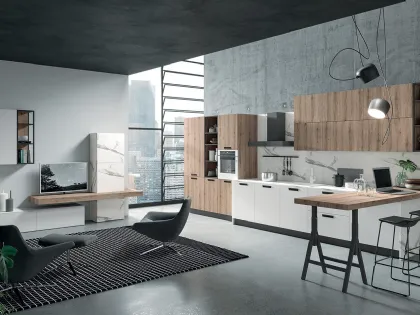 Cucina Moderna con penisola Zen 02 in laminato finitura Bianco assoluto e Rovere chiaro di Astra