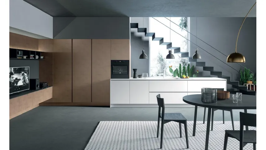 Cucina Moderna lineare Zen 04 in laccato opaco Bianco e Rame di Astra