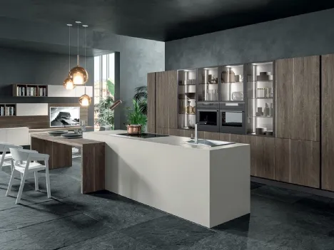 Cucina Moderna con isola Zen 05 in laccato opaco Efeso e laminato Rovere Scuro di Astra