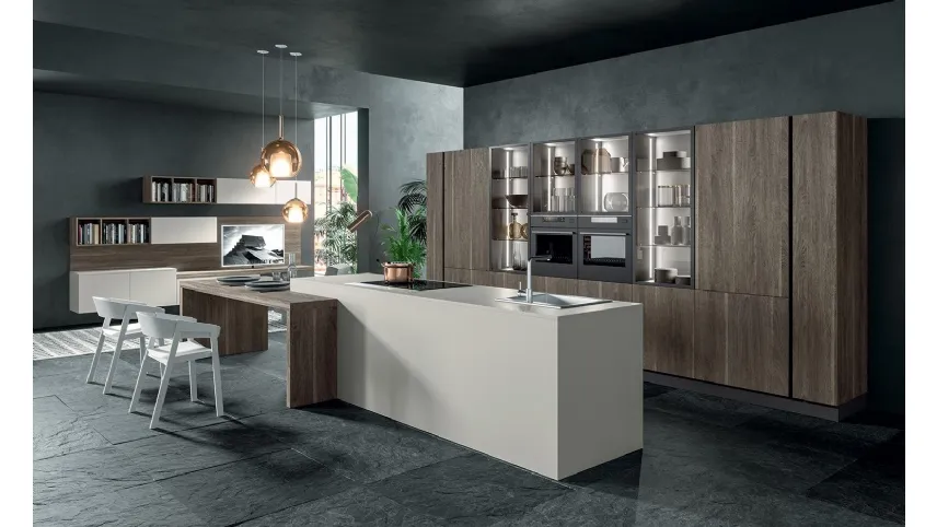 Cucina Moderna con isola Zen 05 in laccato opaco Efeso e laminato Rovere Scuro di Astra