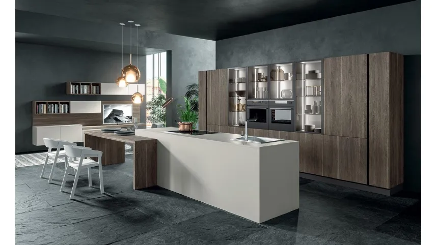 Cucina Moderna con penisola Zen 05 in laccato opaco Efeso e laminato Rovere Scuro di Astra