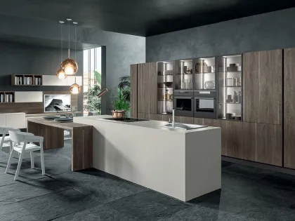 Cucina Moderna con penisola Zen 05 in laccato opaco Efeso e laminato Rovere Scuro di Astra
