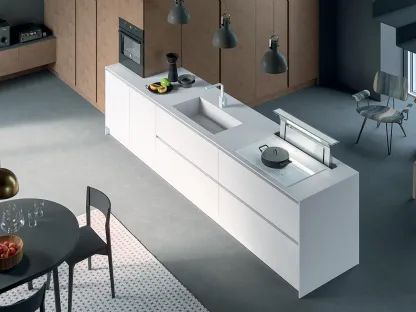 Cucina Moderna con isola Zen 05 in laccato opaco Efeso e laminato Rovere Scuro di Astra