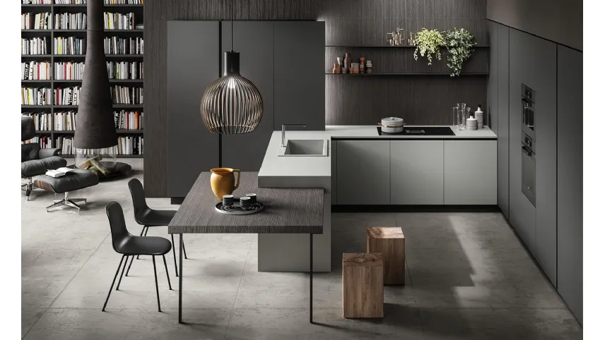 Cucina su misura con penisola Zen 03 in laminato finitura Canapa e Antracite di Astra