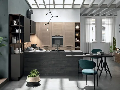 Cucina in legno chiaro con penisola in laminato effetto marmo Ego di Astra