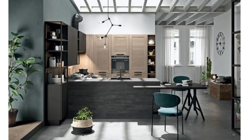 Cucina in legno chiaro con penisola in laminato effetto marmo Ego di Astra