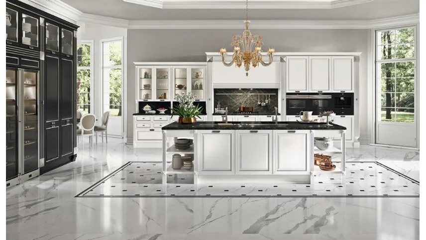 Cucina elegante in legno chiaro e scuro con isola e top in granito Elite di Astra