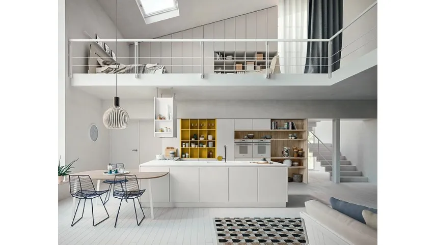 Cucina in laccato opaco bianco con tavolo in legno XXL di Astra