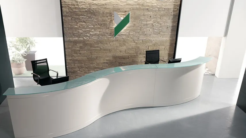 Reception Modulare Onda Laccato Bianco con Piano Vetro di Compir