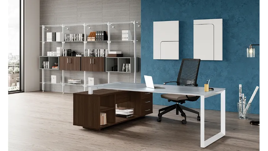 Scrivania Direzionale Stratos Plus Piano Vetro con Servente Samui di Compir